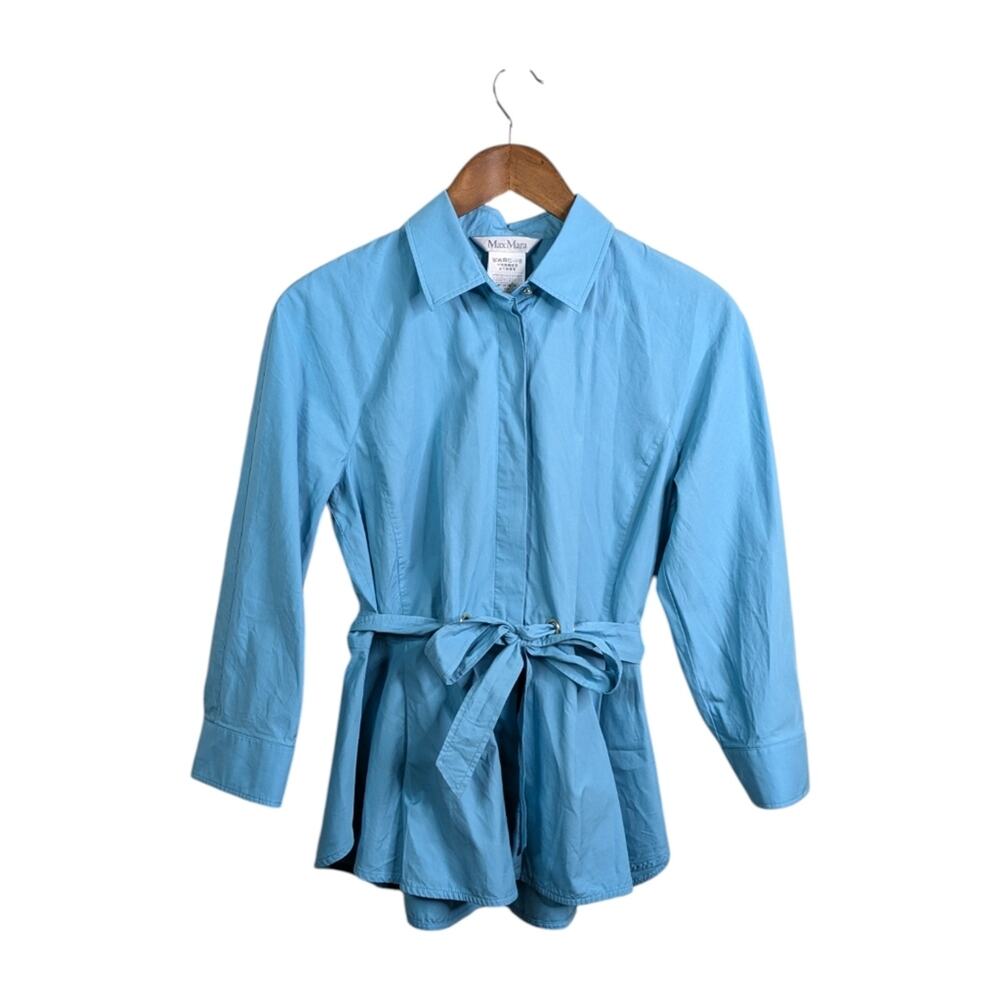 Max Mara Cuneo Button Up Shirt Top 12 Blue Belted Quiet Luxury Career Minimalist